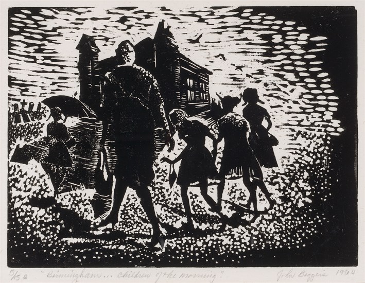 John Biggers, Birmingham…Children of the Morning, 1964. Black and white print depicting a woman and four children in front of a church with four flying birds and four graves in the background.