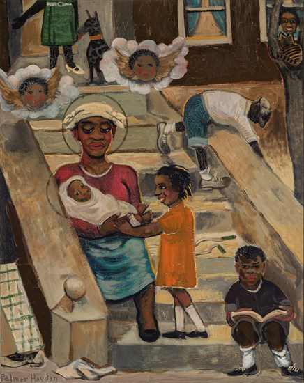 Palmer Hayden, Madonna of the Stoop, Oil, 1940. Woman seated on stoop with baby on lap and surrounded by children and two cherub figures.