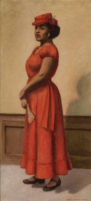 PFF231-Laura Wheeler-Waring, After Sunday Service, Oil, 1940. Painting depicting a woman standing in a vibrant red dress.