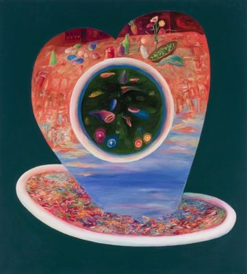PFF232-John Dowell, Cycle of Abundance, Acrylic, 1998. Painting depicting a heart on a dark green ground with dark green center and various fruits and objects