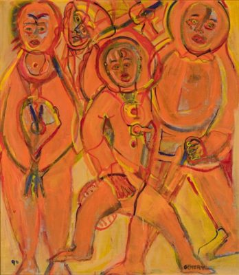 PFF233-Herbert Gentry, Together, Acrylic, 1990. Painting depicting abstracted figures in orange and yellow.