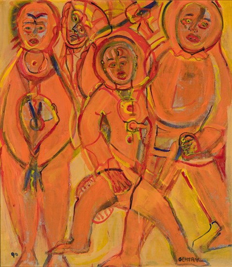 Herbert Gentry, Together, Acrylic, 1990. Painting depicting abstracted figures in orange and yellow.