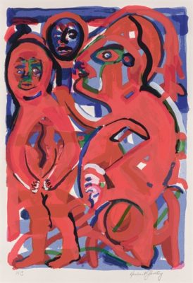 PFF234-Herbert Gentry, Friends, Screenprint, 1988. Print depicting two orange abstracted figures on blue ground with blue face between them on top left.