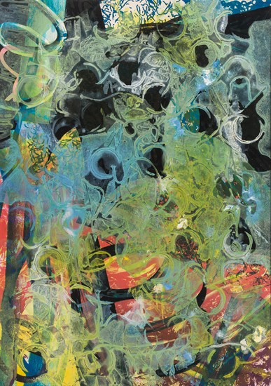 PFF237-Bill Hutson, EBCO NA, Water Media on lithograph, 1990-1991. Black, red, and yellow abstract offset lithograph painted over with yellow, green, and blue translucent paint.