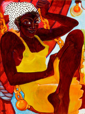 PFF238-Arvie Smith, Trapeze Artist, Oil on canvas, 2014. Oil painting of African American woman with white polka dot headscarf and yellow dress. Trapeze and curtain are referenced in the background.