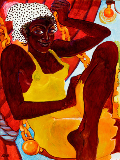 Arvie Smith, Trapeze Artist, Oil on canvas, 2014. Oil painting of African American woman with white polka dot headscarf and yellow dress. Trapeze and curtain are referenced in the background.