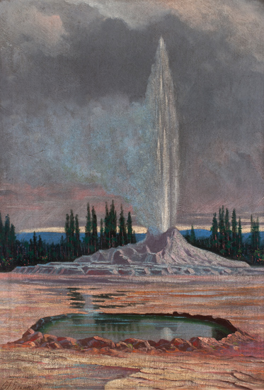 Grafton Tyler Brown, Castle Geyser Yellowstone National Park, oil on canvas, 1891. Landscape with geyser and grey cloud background.