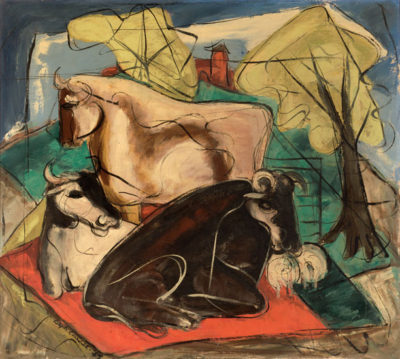 PFF242-Ralph Chessé, Cows at Rest, Oil on canvas, 1947. Stylized depiction of three cattle at center of composition and trees and sky in background.