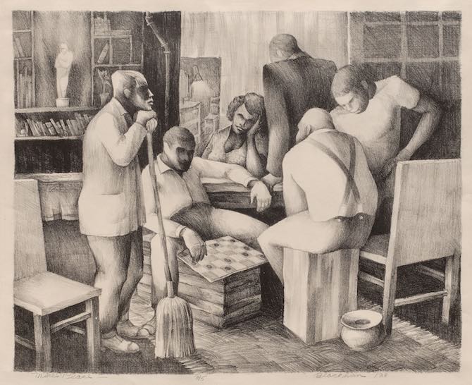 Robert Blackburn, Mike's Place (Clubroom), Lithograph on paper, 1938. Black and white lithograph depicting a gathering of men and one woman lounging in a club room during off hours. One man holds a mop while the others seat leisurely playing games or conversing.