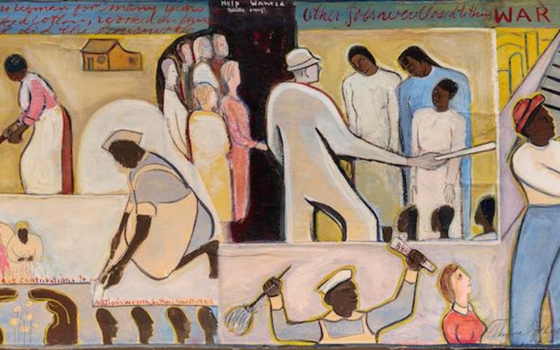 Thelma Johnson Streat, The Negro in Professional Life (Mural Study Depicting Women in the Workplace), Mixed media, 1945. Mural study in color depicting African American people, primarily women, working in various professions.