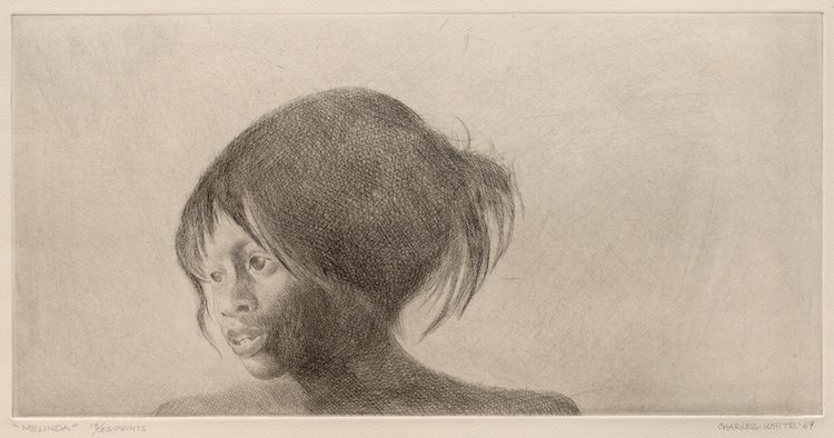 Charles White, Melinda, Etching, 1969. Black and white etching depicting a young African American woman from shoulders up in 3/4 view.
