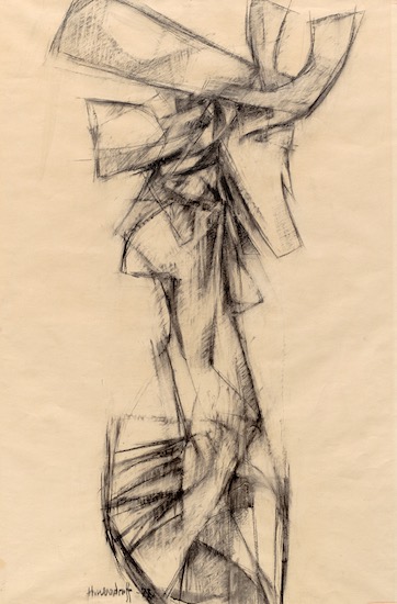 Hale Woodruff, Cow Woman, Charcoal on paper, 1970-77. Charcoal sculptural study depicting abstracted figural form.