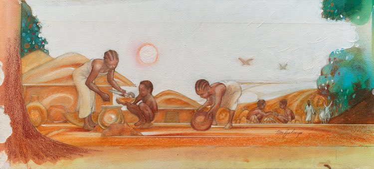 Tom Feelings, Untitled (Village Children), Gouache, crayon, and pencil, c. 1972-75.  Gouache depiction of a village scene with figures participating in daily domestic activities.