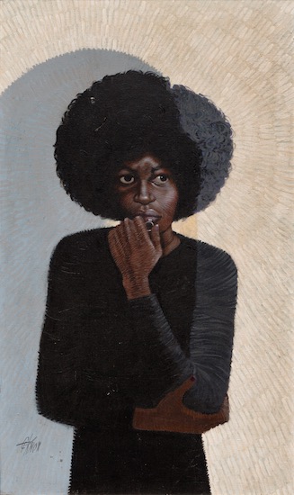 PFF253-Columbus Knox, Engagement, Acrylic on canvas, 1989. Acrylic painting depicting a young woman dressed in black wearing an afro and holding an engagement ring to her face in contemplation.