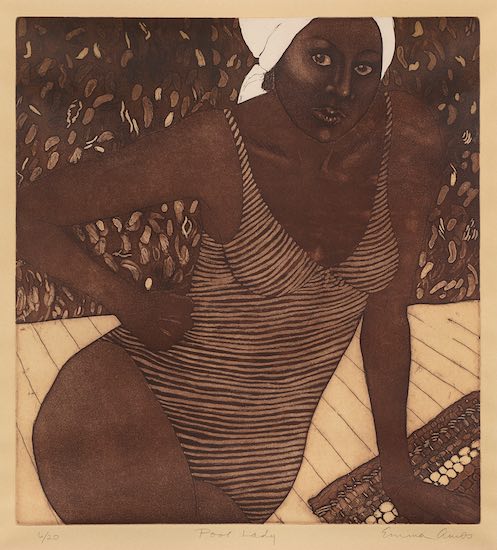 Emma Amos, Pool Lady, 1980. Color etching and aquatint.