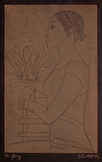 Elizabeth Catlett, Glory, Linoleum cut on black paper, 1986. Linoleum cut of a woman in profile with plants in background.