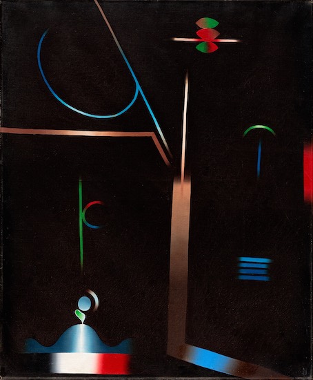 Bill Hutson, Let's Call It This (Study for the Black Painting), Oil on canvas, 1970. Black abstract painting with blue, green, and red abstract shapes and lines