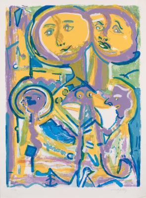 PFF 259, Herbert Gentry, Carnival, Silkscreen on paper, 1984. Abstracted composition of figures and faces in yellow and purple color scheme.