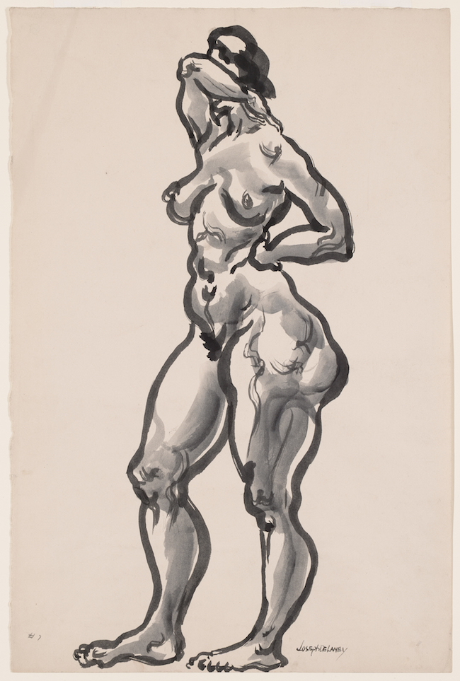 Joseph Delaney, Untitled (Standing Nude Covering Face), Brush and ink on paper, 1935.