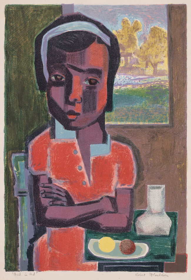 Robert Blackburn, Girl in Red, Lithograph, 1950. Painting of girl in a red dress seated at a table.