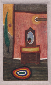 Haywood "Bill" Rivers, Untitled, Oil on linen, 1951. Painting depicting room with dresser and mirror with woman's reflection.