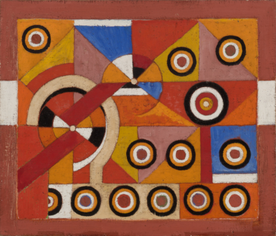 PFF265-Haywood "Bill" Rivers, Untitled (Geometric Composition), Oil on canvas, 1970. Abstract oil painting of geometric shapes and concentric circles in red, orange, yellow, and blue.