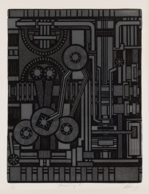 Mavis Pusey, Decaying 7, Etching and aquatint, 1970. Gray scale abstract painting with mechanical forms.