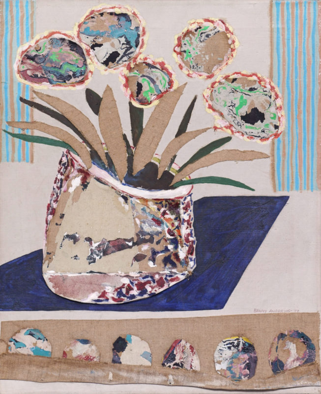 Benny Andrews, Nickels, Mixed media collage, 1977. Fabric collage of vase of flowers.