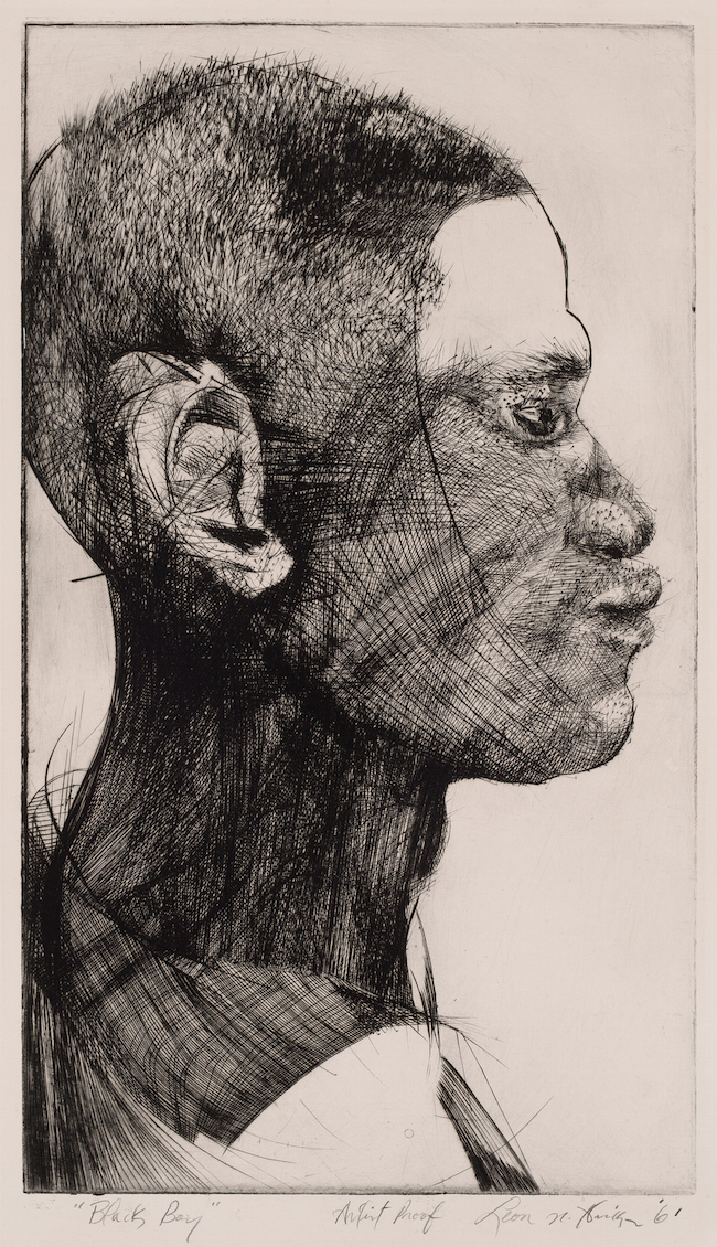 Leon Hicks, Black Boy, Etching on paper, 1961. Etching of young black boy in profile.