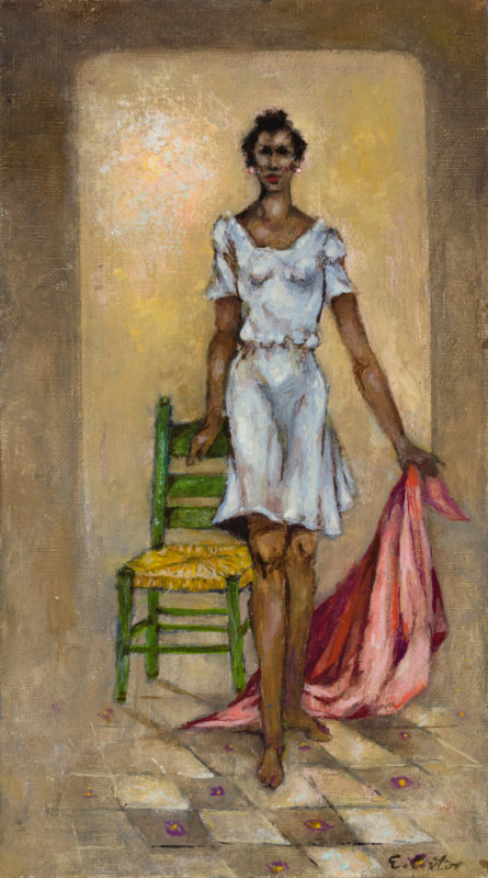 Eldzier Cortor, Lady with Green Chair, Oil on canvas. Oil painting of a woman in white dress standing in front of a green chair and holding a red cloth.