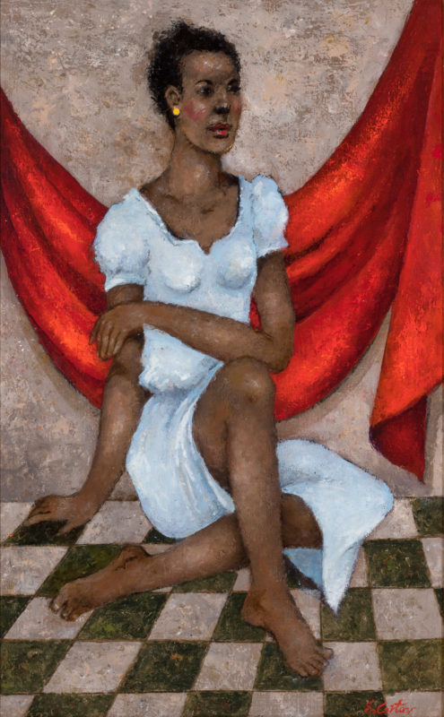 Eldzier Cortor, Figure in Repose, oil on canvas, 2014. Seated African American woman .
