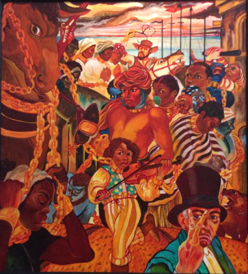 PFF286-Arvie Smith, Trail of Tears, Oil on canvas, 2006. Crowd of black figures dressed in period attire at what appears to be a slave auction. Boats and ocean are visible in the background.