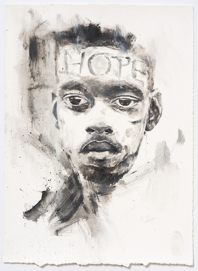 Charles E. Williams, Hope, Oil on watercolor paper. Black and white portrait of a young man with the word Hope on his forehead.