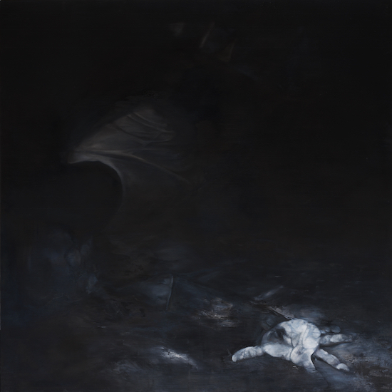 Charles E. Williams, Confrontation #3, Oil on panel. Black and white painting of a black man on the ground, obscured by shadow, with one outstretched hand brightly illuminated.