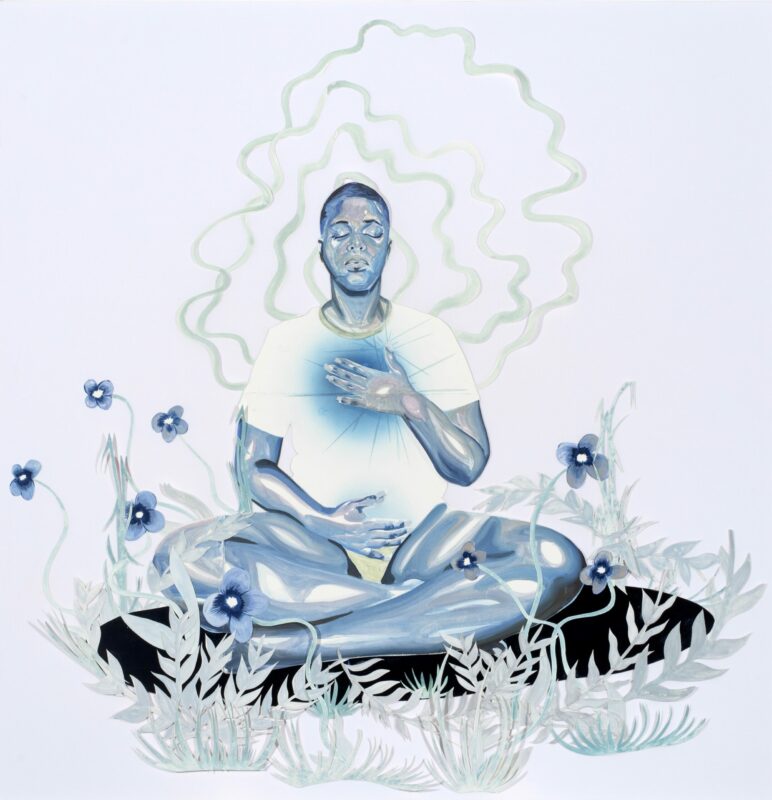 Image of a young man sitting cross-legged with his eyes closed. He has placed a hand over his heart and another hand over his belly. He is surrounded by flowers and collaged elements create the appearance of energy radiating out from his body. 