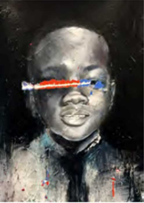 PFF298A-Charles Williams, I See Him in Me, Mixed Media. Series of portraits of the artist and his father marred and abstracted by paint, scratches, and other marks.