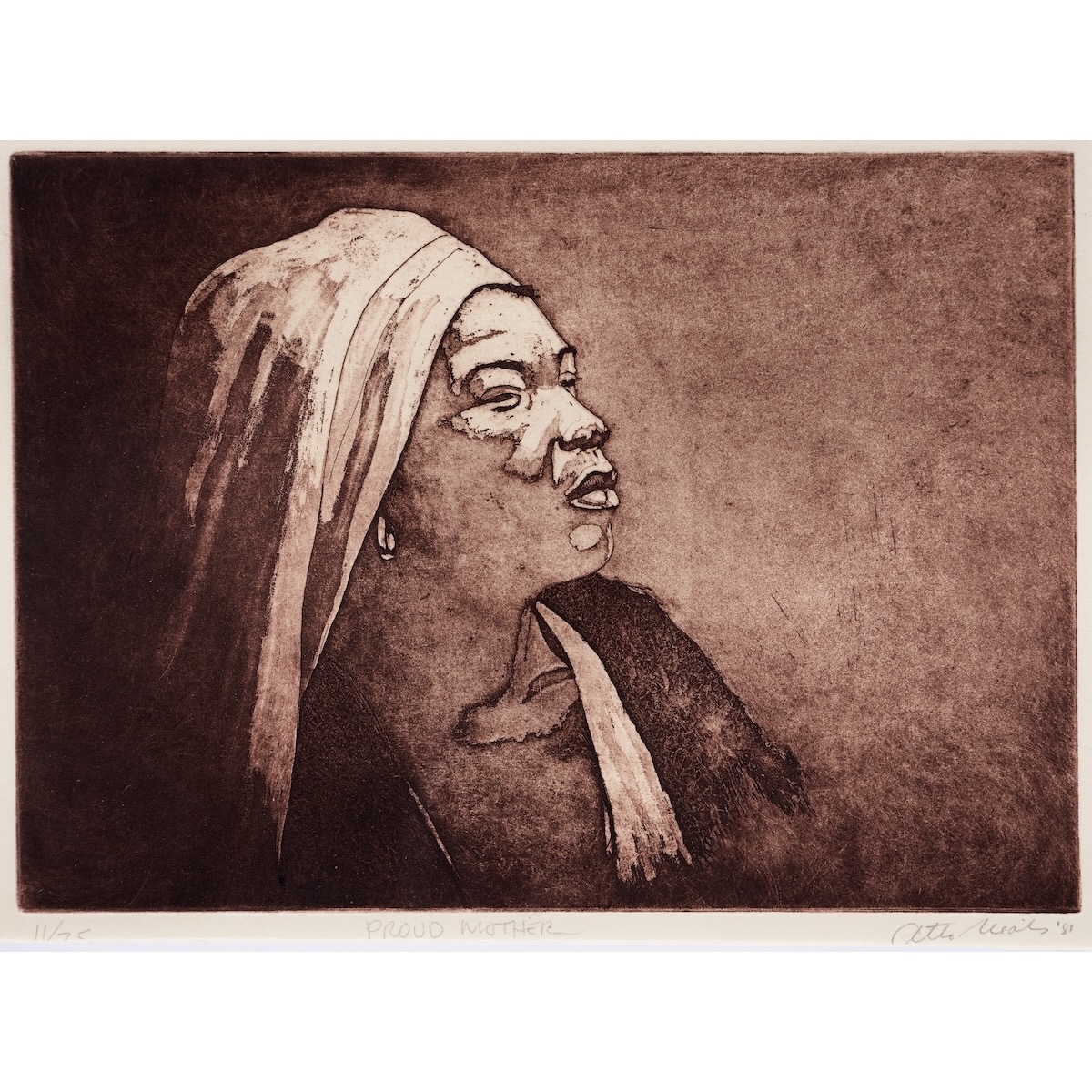 Image of an etching and aquatint print of a woman in profile by the artist Otto Neals