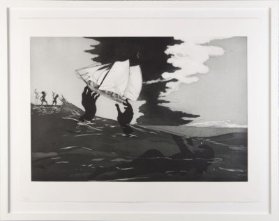 PFF174-Kara Walker, No World, Etchings, 2010. Seascape depicting God-like hands lifting slave ship from the water, with a figure drowning and two silhouetted figures on the shoreline.